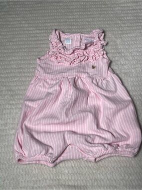 Ralph Lauren Pink and White Striped Ruffle Bubble Romper 100% cotton